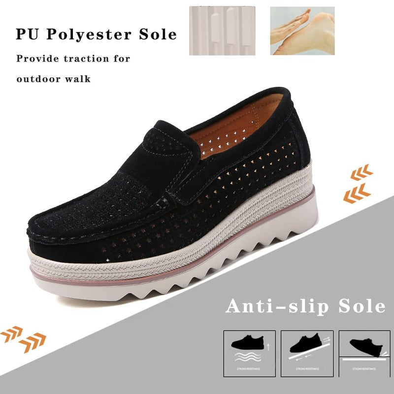 Ruiatoo Women's Platform Slip on Loafers Hollow Out Comfort Suede Moccasins Low Top Casual Shoes Black 35 - Image 2